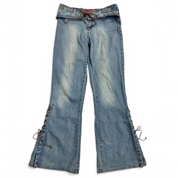 Y2K Hot Kiss Lace-Up Flare Jeans Low Rise Embroidered 3/ XS Boho Festival Bratz - Picture 14 of 16